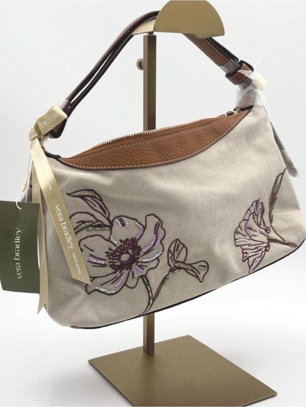 Vera Bradley Cream Floral Canvas Shoulder Bag with Brown Trim